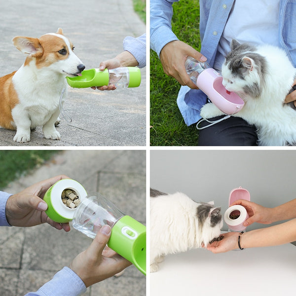 alt = "A dog and a cat  drinking water and eating from a dual-function  water bottle for pet"